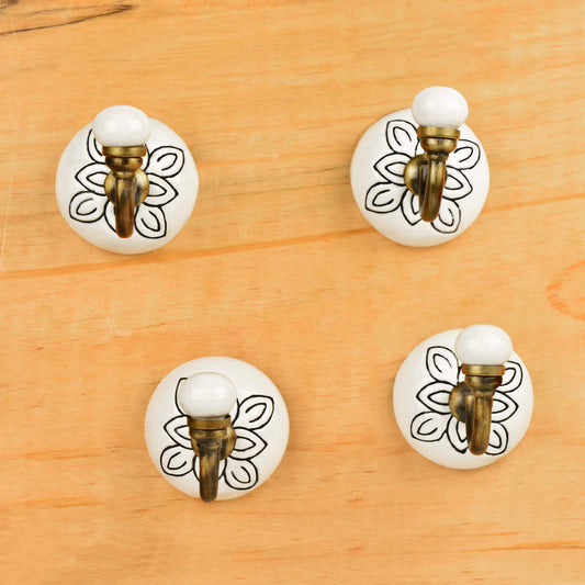 Handmade Etched Floral Design Ceramic Metal Hooks with Antique Finish (Set of 4, Off White) - View 2
