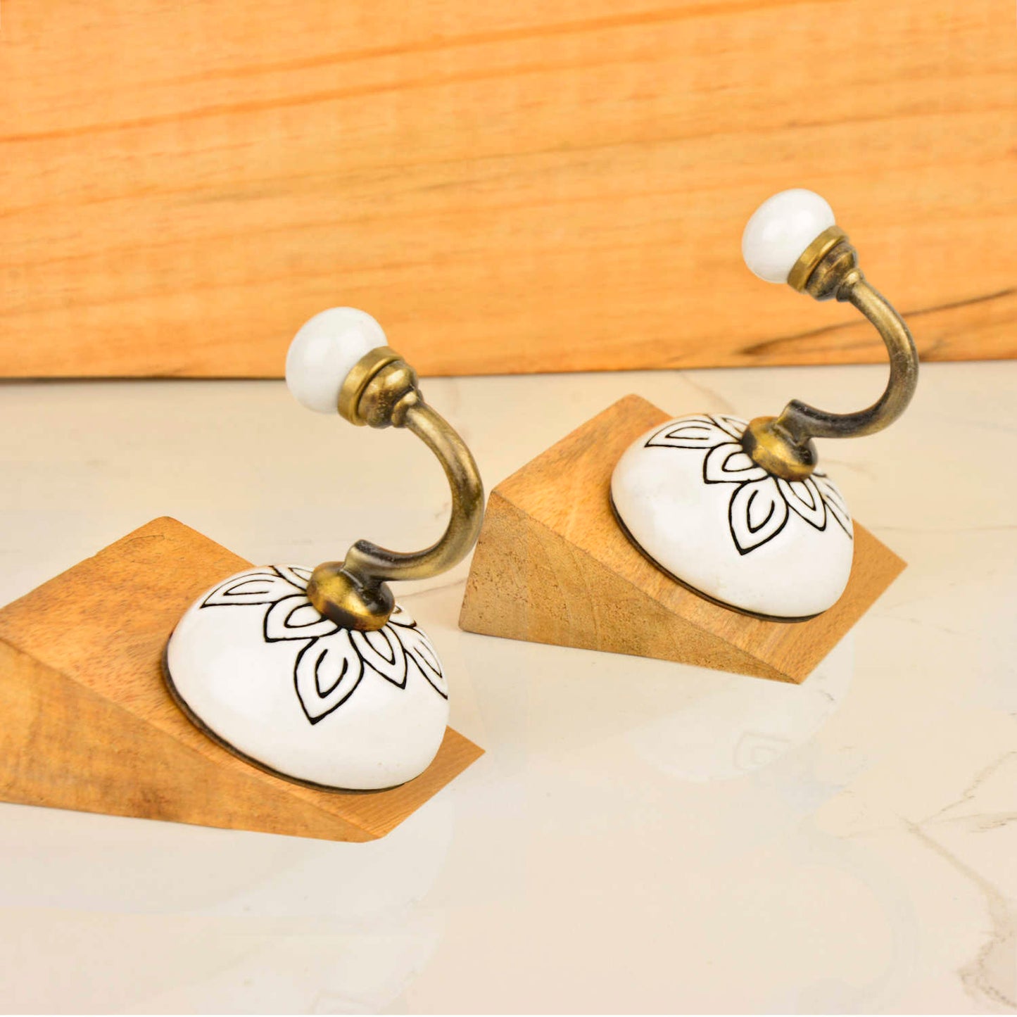 Handmade Etched Floral Design Ceramic Metal Hooks with Antique Finish (Set of 4, Off White) - View 5