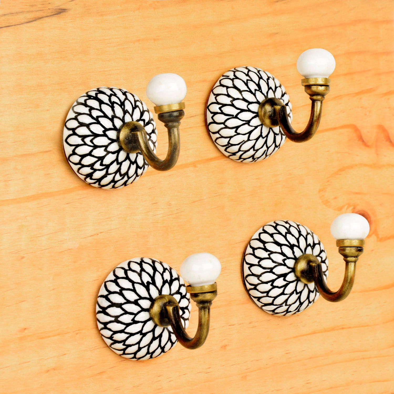 Etched Floral Design Ceramic Metal Hooks with Antique Finish (Set of 4, Off White and Black)