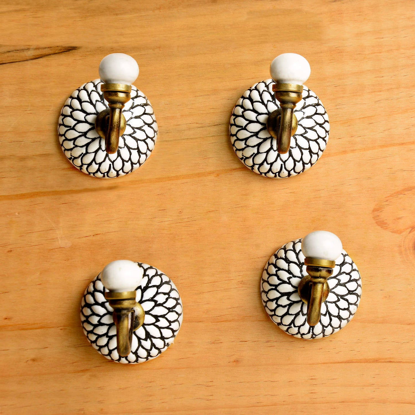 Etched Floral Design Ceramic Metal Hooks with Antique Finish (Set of 4, Off White and Black) - View 2