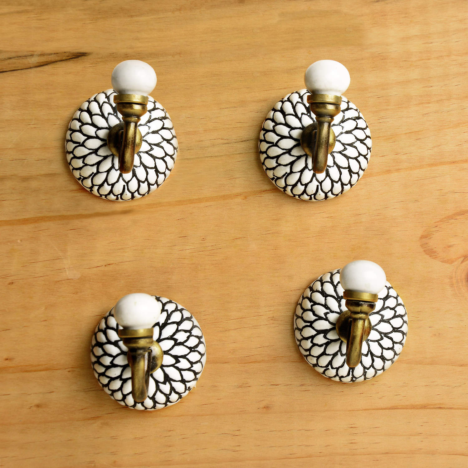 Etched Floral Design Ceramic Metal Hooks with Antique Finish (Set of 4, Off White and Black) - View 2