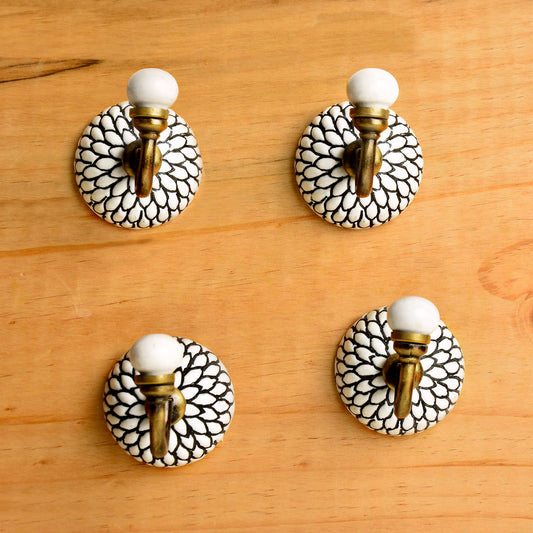 Etched Floral Design Ceramic Metal Hooks with Antique Finish (Set of 4, Off White and Black) - View 2