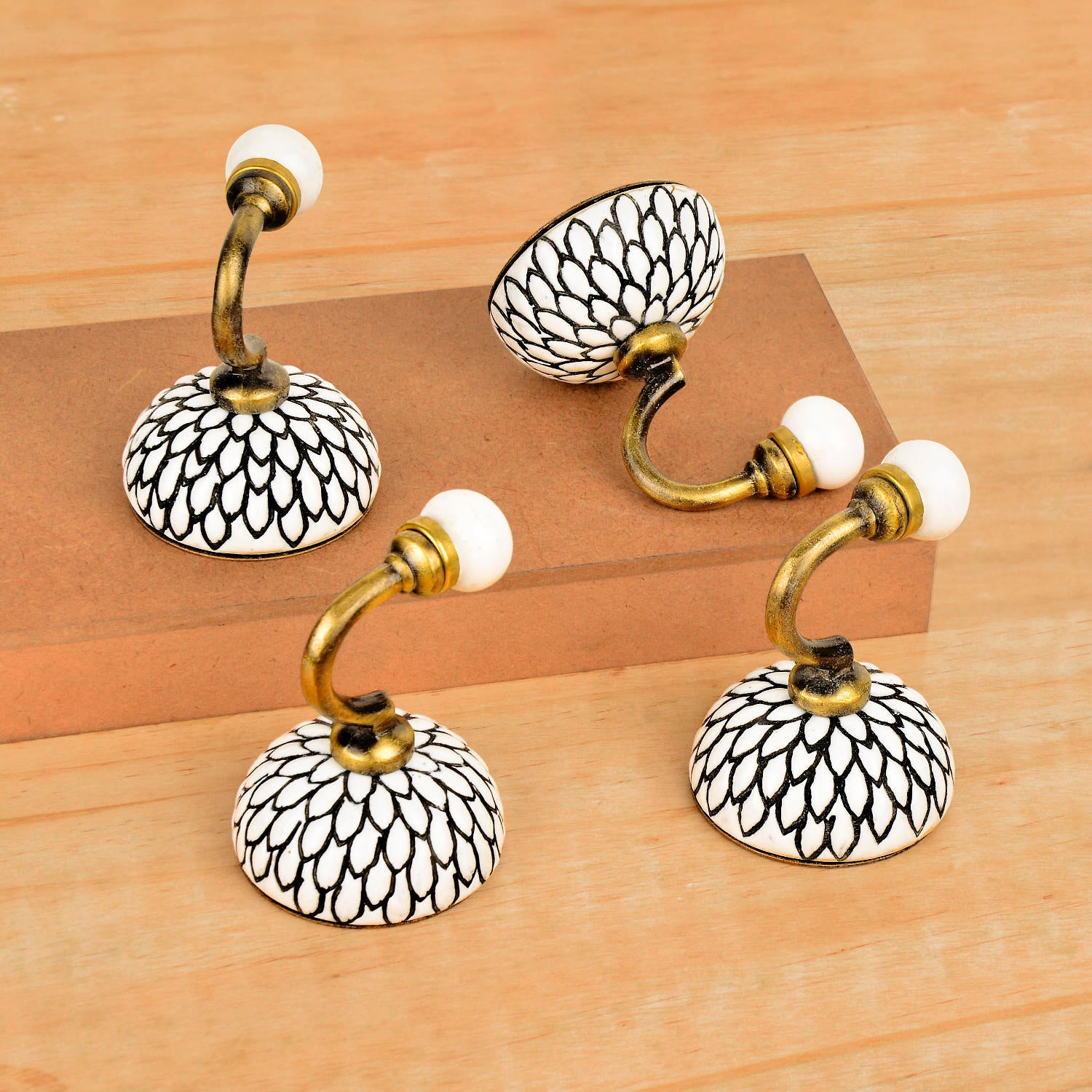 Etched Floral Design Ceramic Metal Hooks with Antique Finish (Set of 4, Off White and Black) - View 6