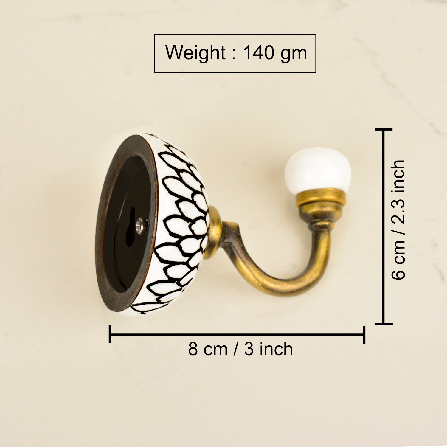 Etched Floral Design Ceramic Metal Hooks with Antique Finish (Set of 4, Off White and Black) - View 3
