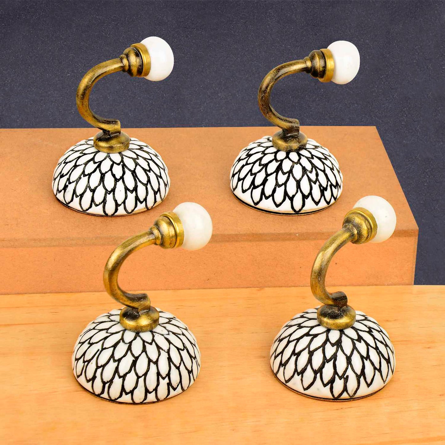 Etched Floral Design Ceramic Metal Hooks with Antique Finish (Set of 4, Off White and Black) - View 7
