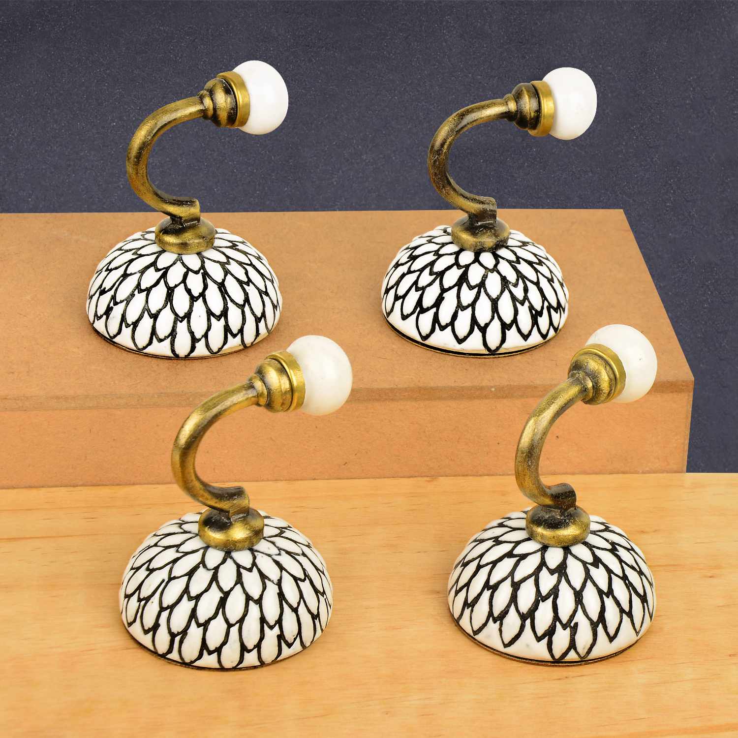 Etched Floral Design Ceramic Metal Hooks with Antique Finish (Set of 4, Off White and Black) - View 7