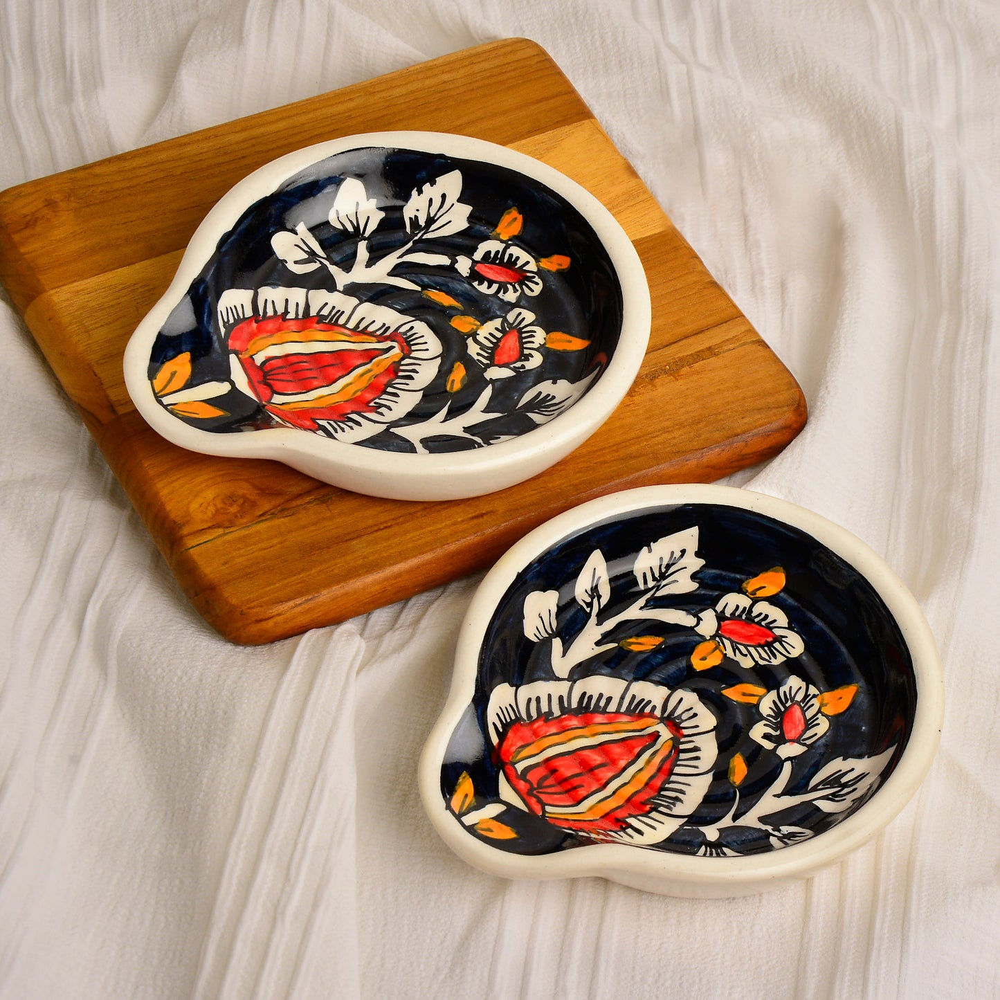 Hand Painted Round Big Ceramic Spoon Rest Combo for Kitchen, Dining Table (Set of 2, Blue, L x B - 14.5 x 12.5 cm)