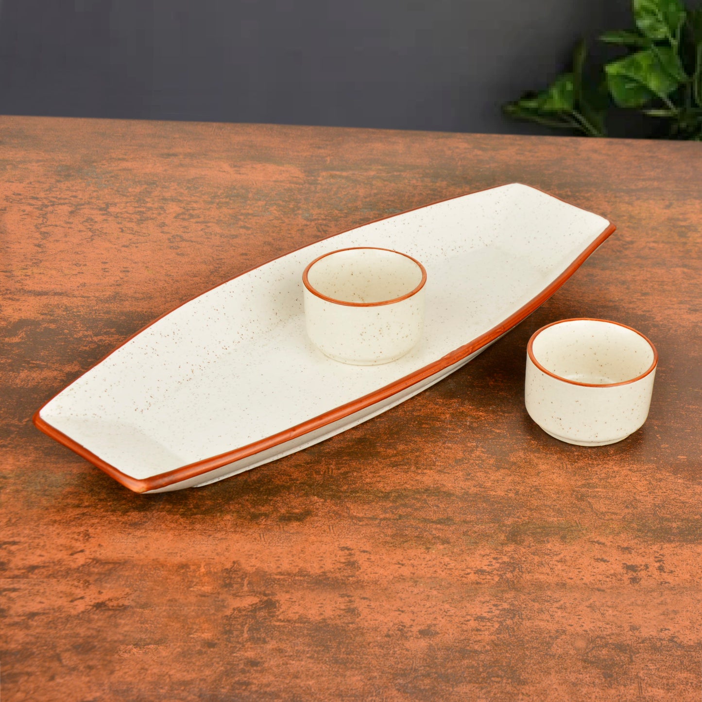 Hand Painted Ceramic Serving Platter With Two Dip Bowls (Off White, L x B – 34.5 cm x 14.5 cm) - View 3