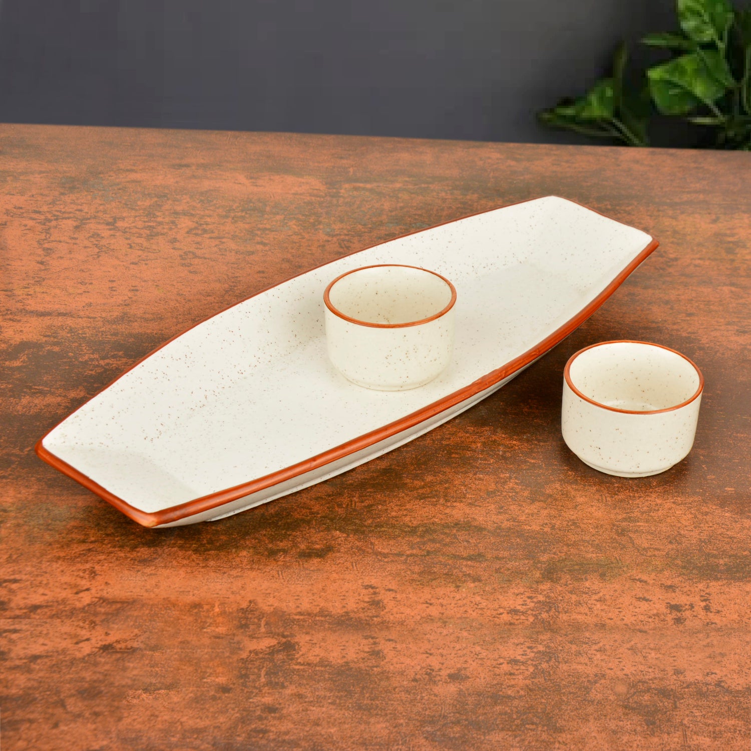 Hand Painted Ceramic Serving Platter With Two Dip Bowls (Off White, L x B – 34.5 cm x 14.5 cm) - View 3