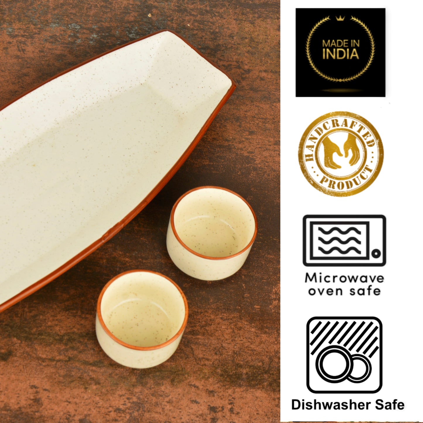 Hand Painted Ceramic Serving Platter With Two Dip Bowls (Off White, L x B – 34.5 cm x 14.5 cm) - View 4