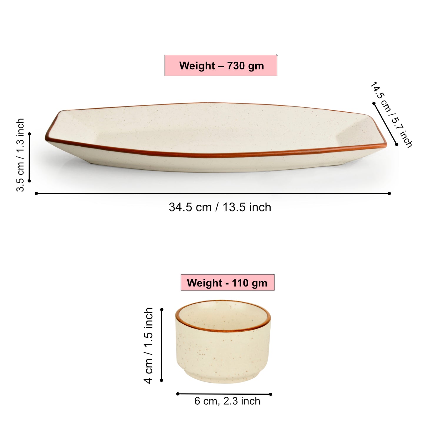Hand Painted Ceramic Serving Platter With Two Dip Bowls (Off White, L x B – 34.5 cm x 14.5 cm) - View 2