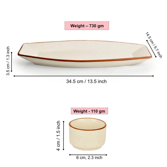 Hand Painted Ceramic Serving Platter With Two Dip Bowls (Off White, L x B – 34.5 cm x 14.5 cm) - View 2