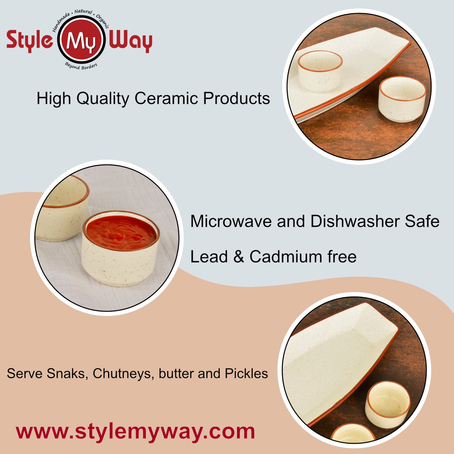 Hand Painted Ceramic Serving Platter With Two Dip Bowls (Off White, L x B – 34.5 cm x 14.5 cm) - View 6