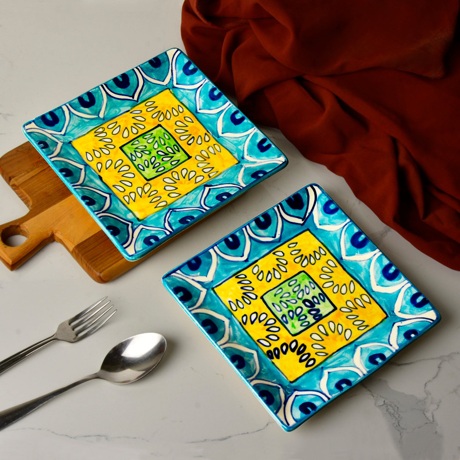 Premium Hand Painted in Traditional Design Ceramic Square Platter Set (Set of 2, Blue and Yellow, L x B – 18 cm x 18 cm)