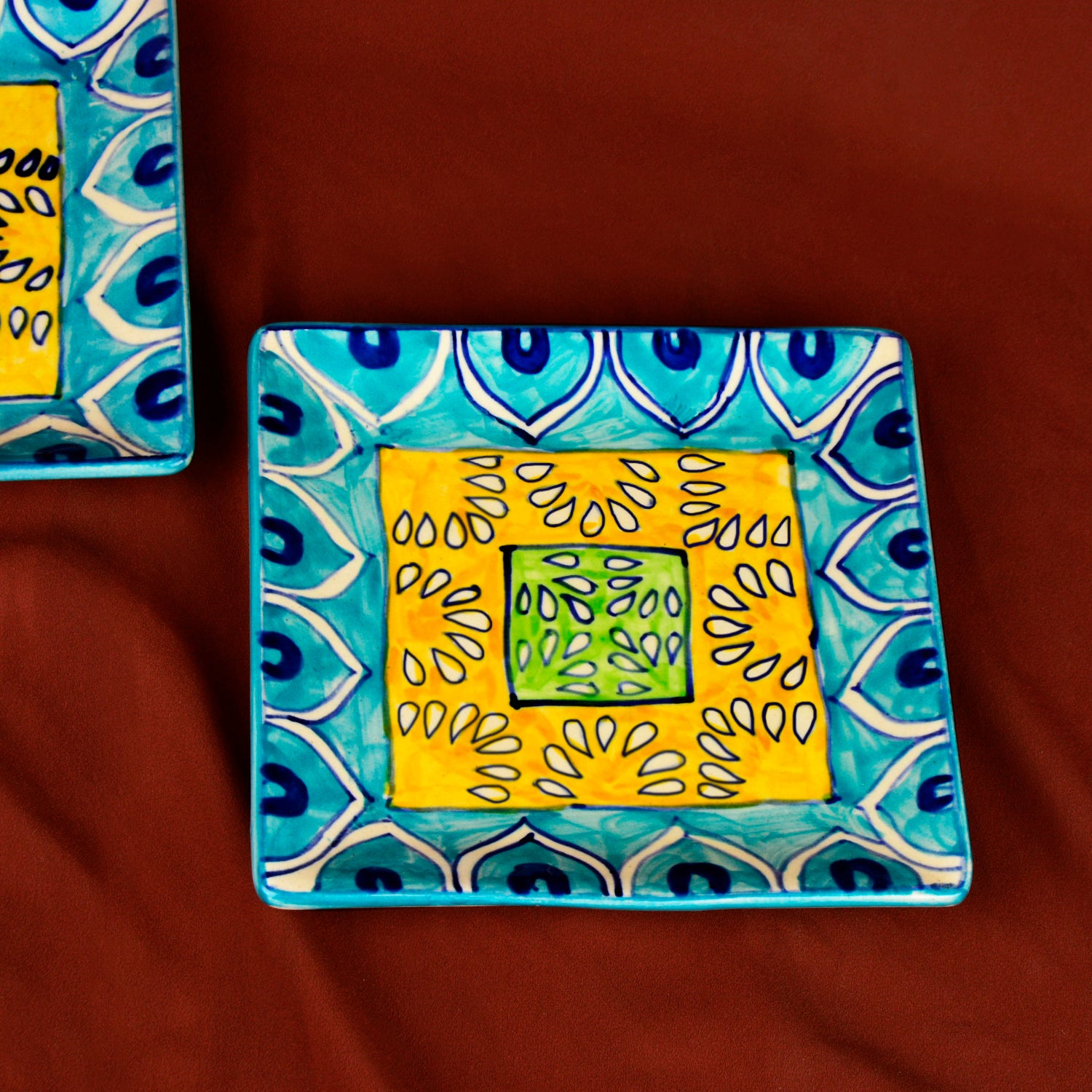 Premium Hand Painted in Traditional Design Ceramic Square Platter Set (Set of 2, Blue and Yellow, L x B – 18 cm x 18 cm) - View 3