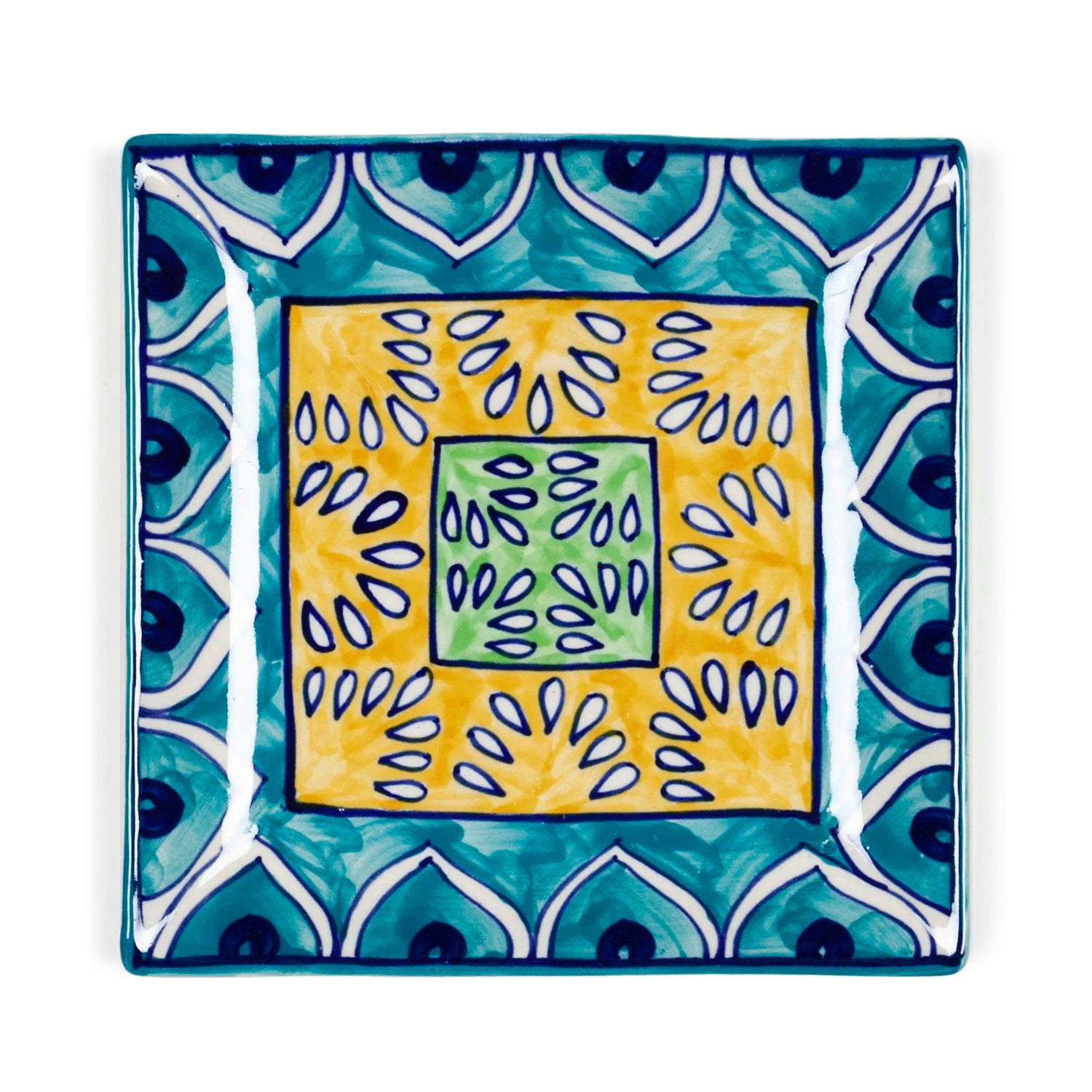 Premium Hand Painted in Traditional Design Ceramic Square Platter Set (Set of 2, Blue and Yellow, L x B – 18 cm x 18 cm) - View 4