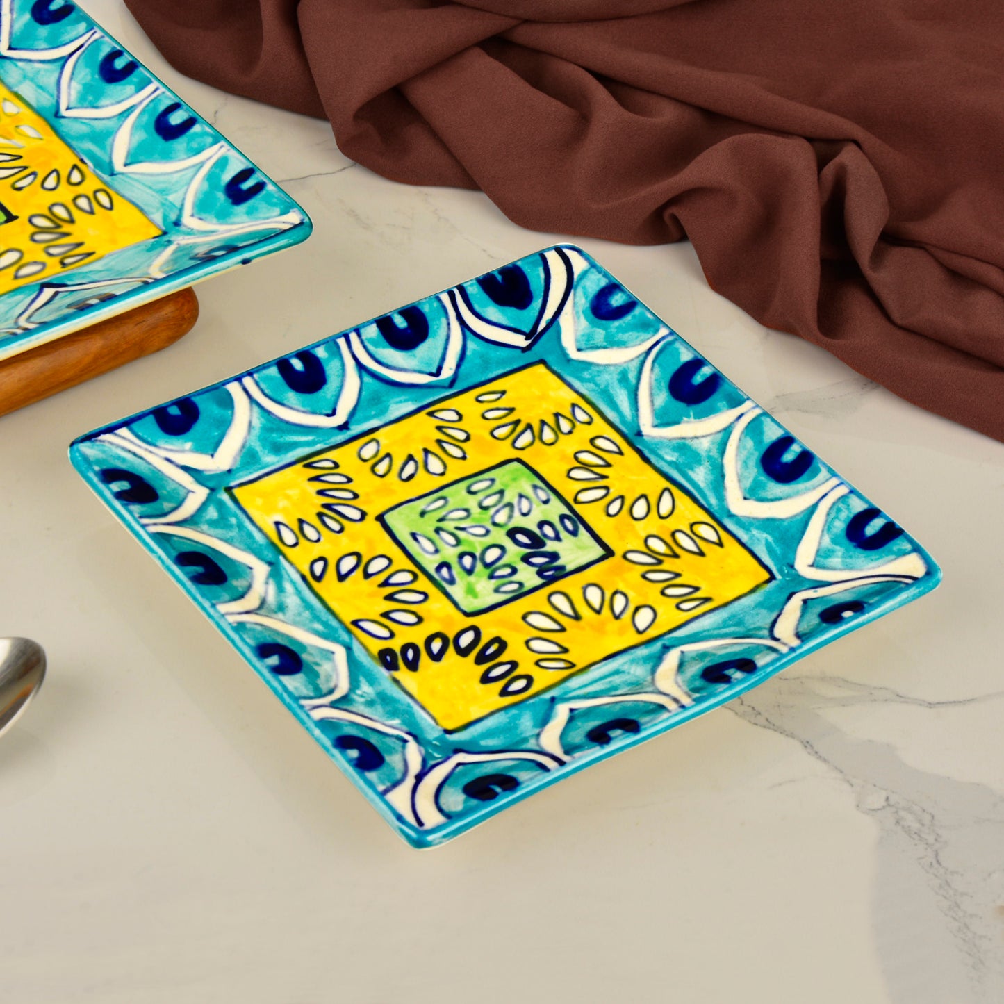 Premium Hand Painted in Traditional Design Ceramic Square Platter Set (Set of 2, Blue and Yellow, L x B – 18 cm x 18 cm) - View 5
