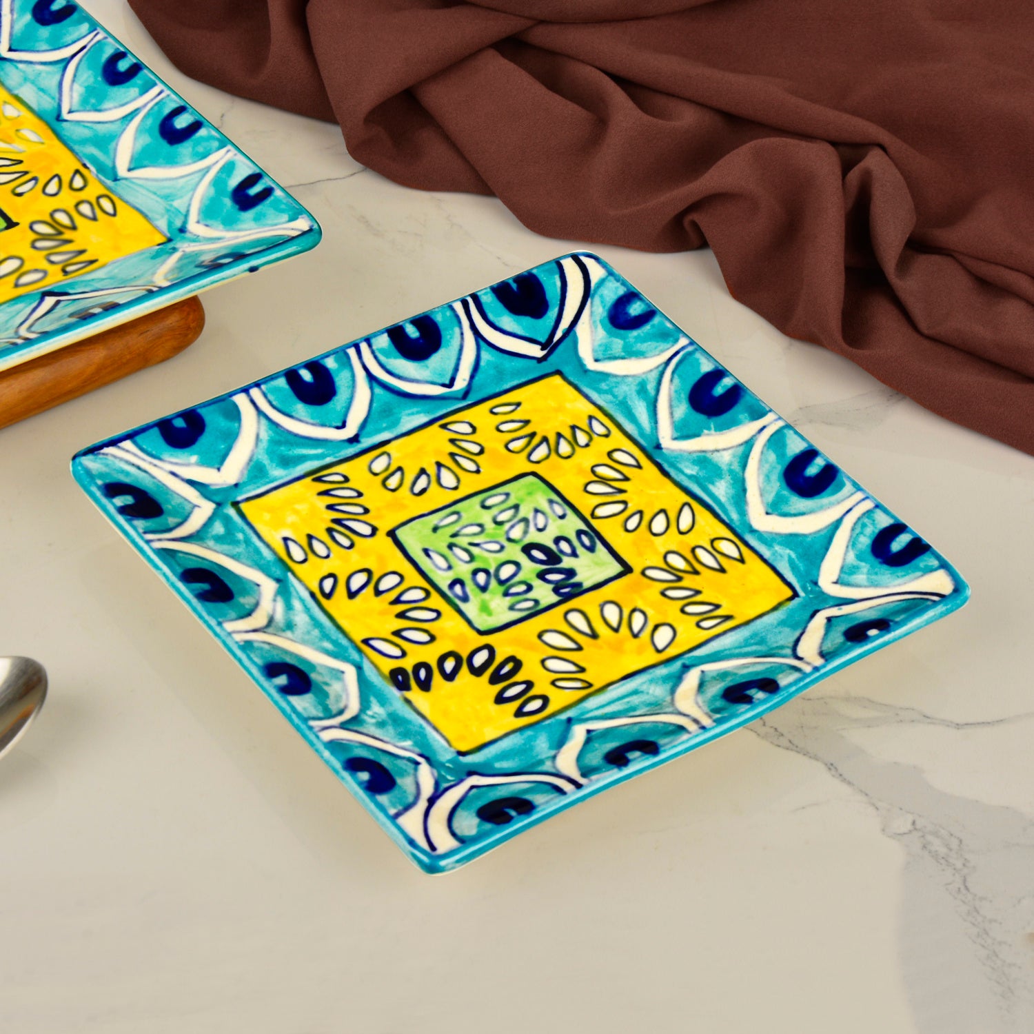 Premium Hand Painted in Traditional Design Ceramic Square Platter Set (Set of 2, Blue and Yellow, L x B – 18 cm x 18 cm) - View 5