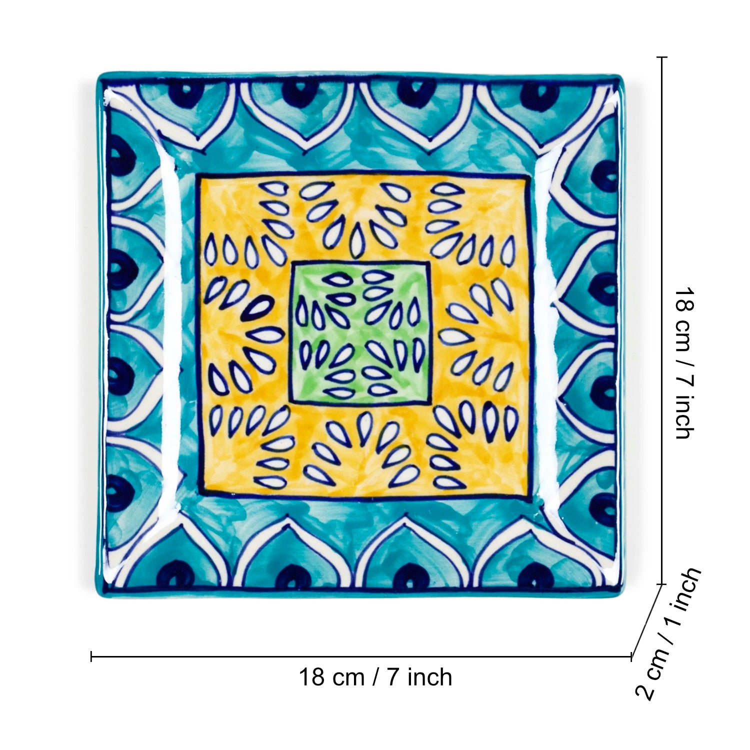 Premium Hand Painted in Traditional Design Ceramic Square Platter Set (Set of 2, Blue and Yellow, L x B – 18 cm x 18 cm) - View 2