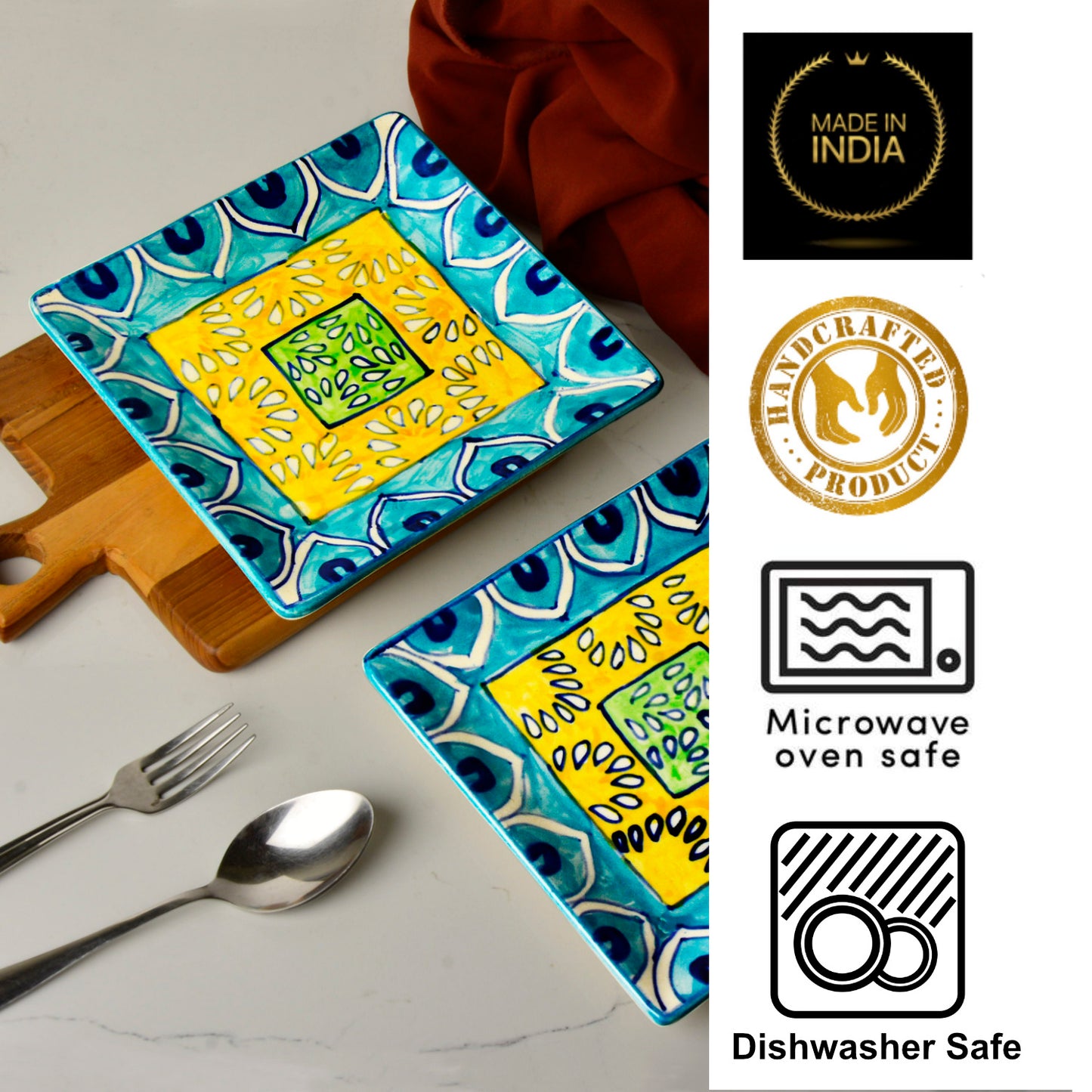 Premium Hand Painted in Traditional Design Ceramic Square Platter Set (Set of 2, Blue and Yellow, L x B – 18 cm x 18 cm) - View 7