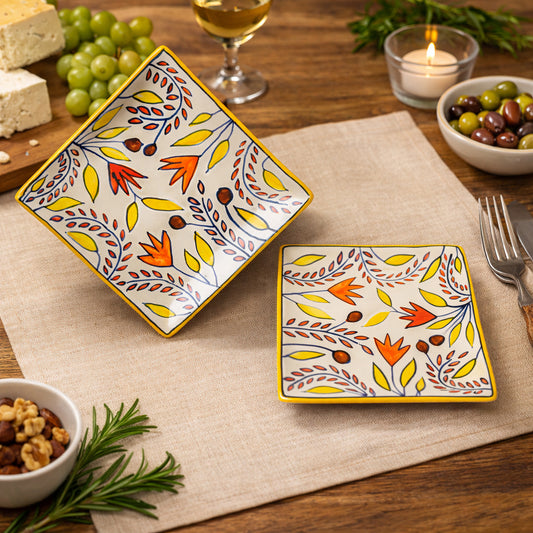 Premium Hand Painted in Traditional Design Ceramic Square Platter Set (Set of 2, Multicolor, L x B – 18 cm x 18 cm)