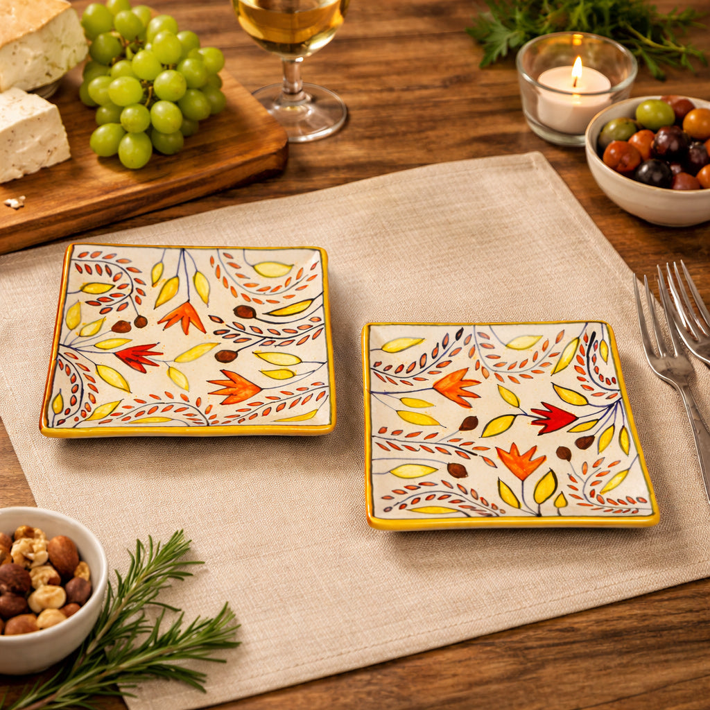 Premium Hand Painted in Traditional Design Ceramic Square Platter Set (Set of 2, Multicolor, L x B – 18 cm x 18 cm) - View 3