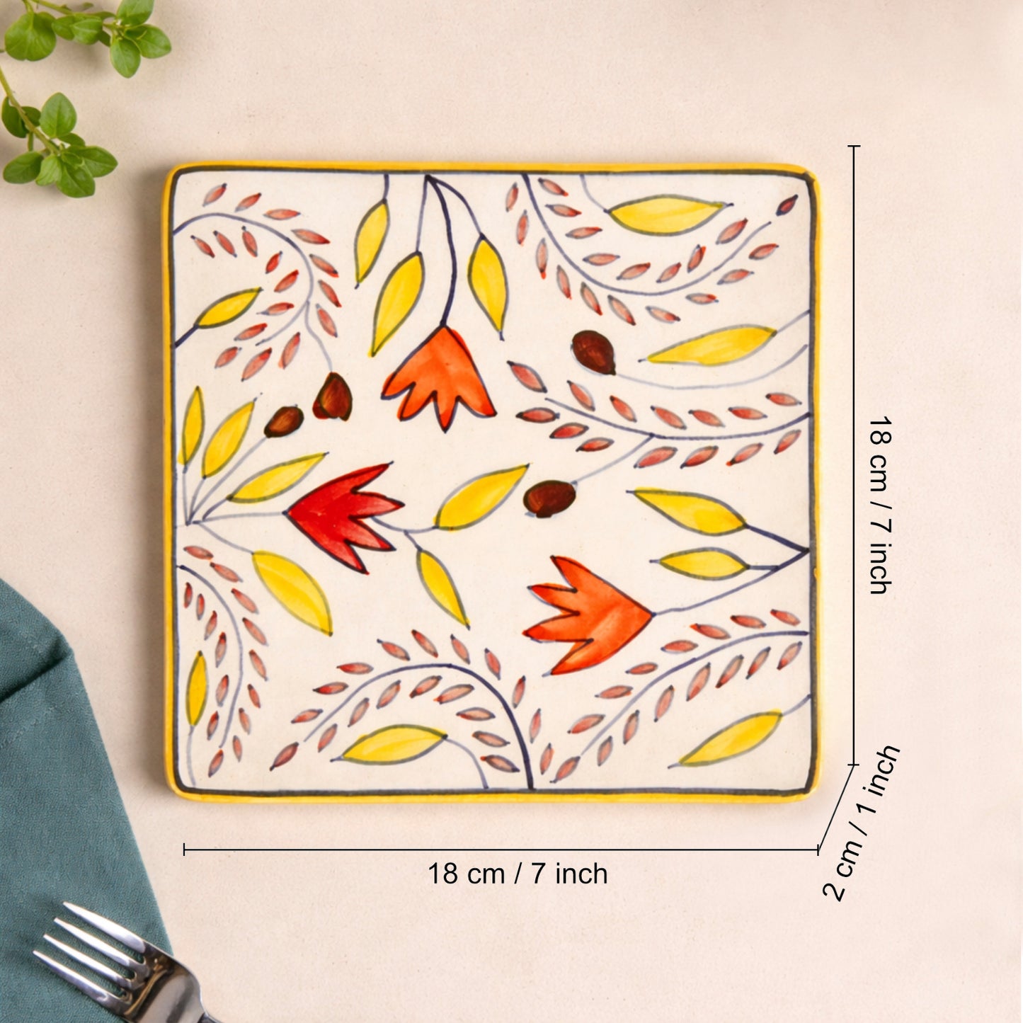 Premium Hand Painted in Traditional Design Ceramic Square Platter Set (Set of 2, Multicolor, L x B – 18 cm x 18 cm) - View 2