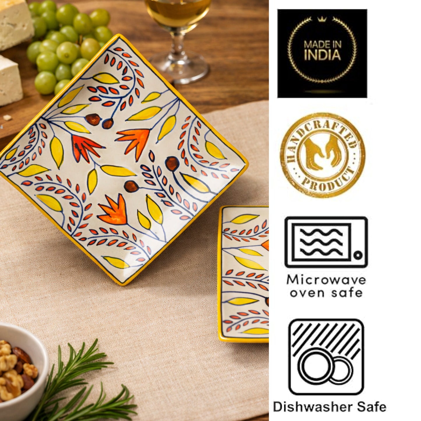 Premium Hand Painted in Traditional Design Ceramic Square Platter Set (Set of 2, Multicolor, L x B – 18 cm x 18 cm) - View 4
