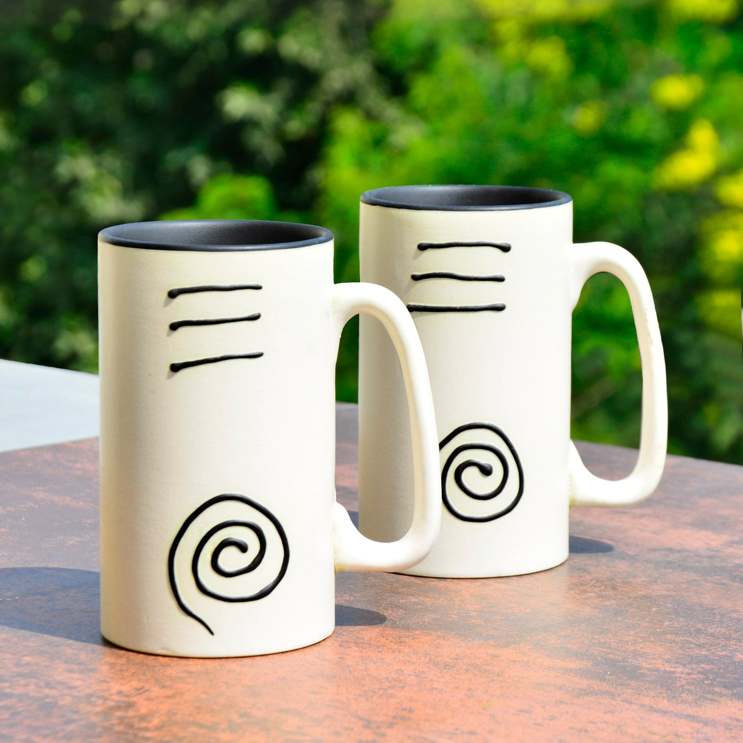 Premium Ceramic Hand-Painted Beer Mugs (450 ml each, Set of 2, Off White and Black)
