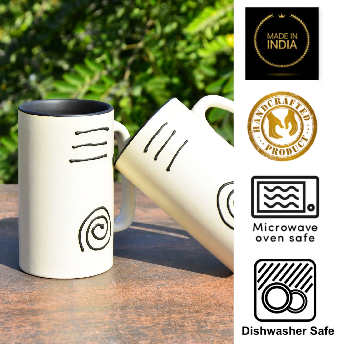 Premium Ceramic Hand-Painted Beer Mugs (450 ml each, Set of 2, Off White and Black) - View 4