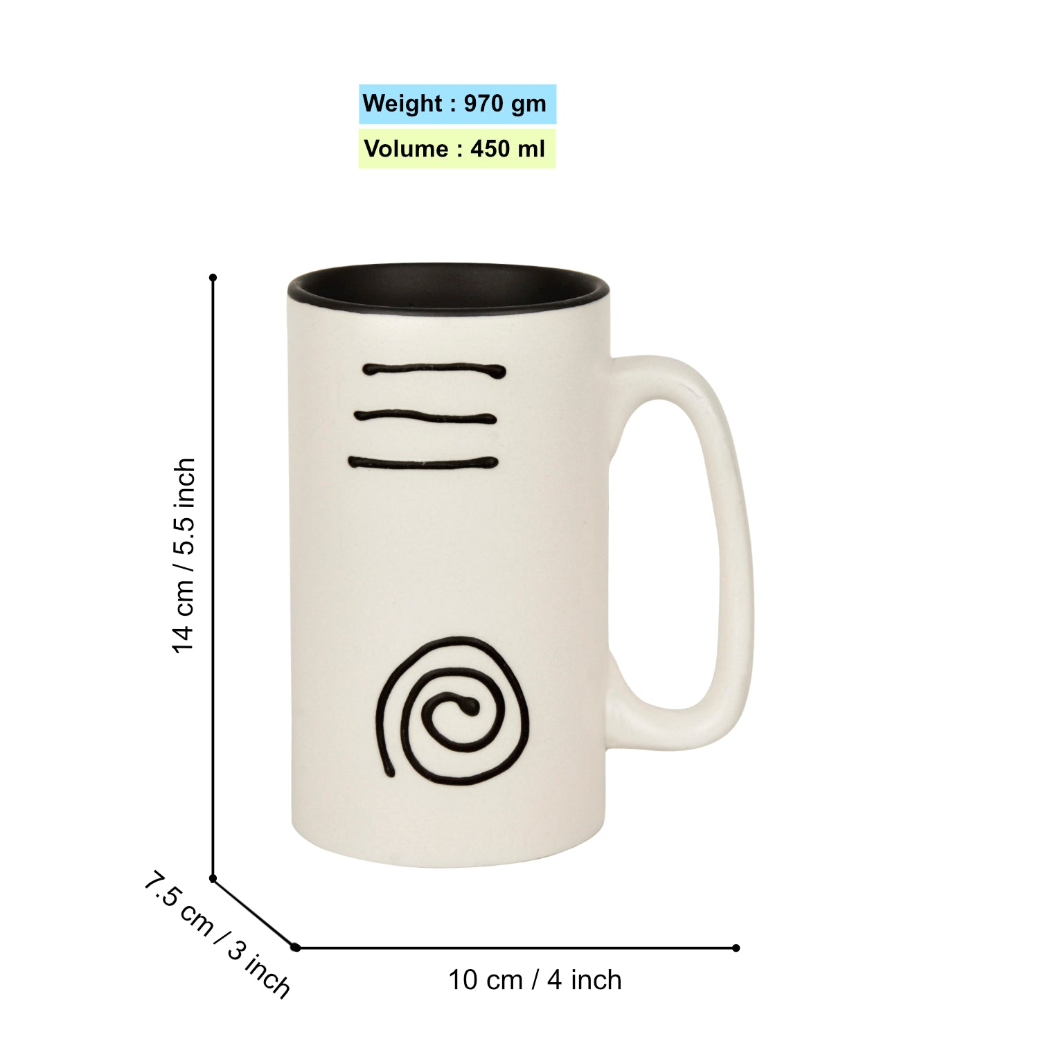 Premium Ceramic Hand-Painted Beer Mugs (450 ml each, Set of 2, Off White and Black) - View 2