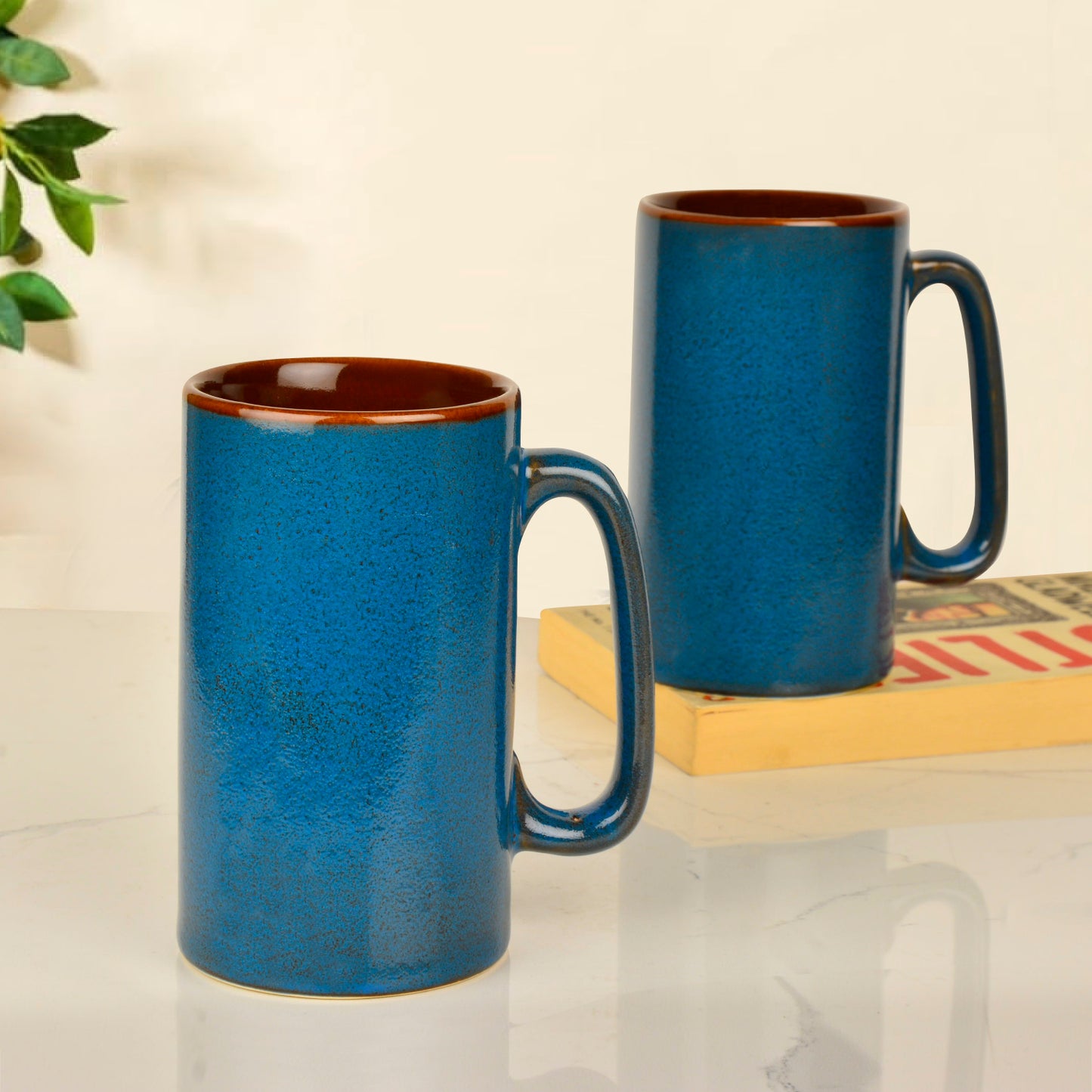 Premium Ceramic Hand-Painted Beer Mugs (450 ml each, Set of 2, Imperial Blue) - View 4