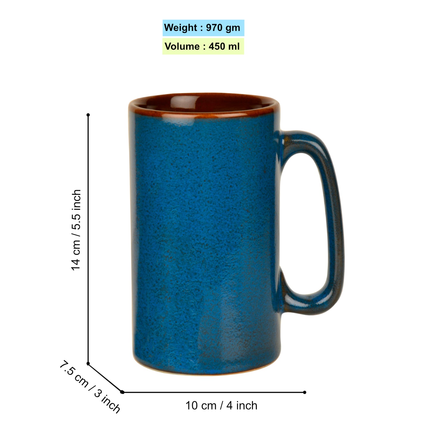 Premium Ceramic Hand-Painted Beer Mugs (450 ml each, Set of 2, Imperial Blue) - View 2
