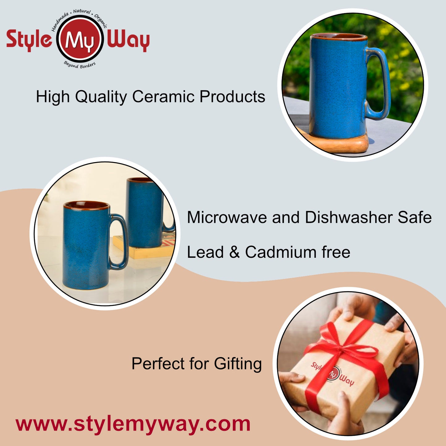 Premium Ceramic Hand-Painted Beer Mugs (450 ml each, Set of 2, Imperial Blue) - View 6