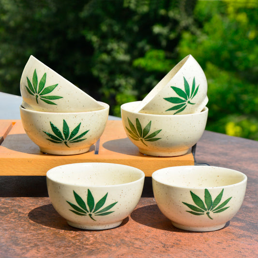 Hand Painted Ceramic Dinner Serving Bowls (Set of 6 , 150 ml each, Off White & Green)