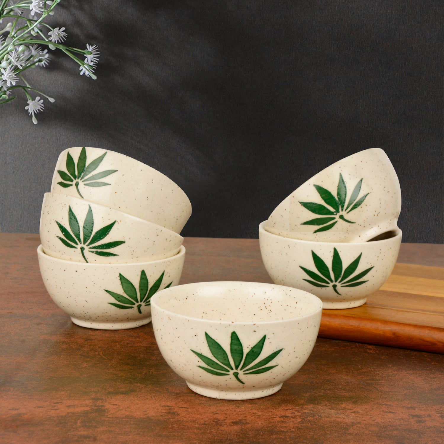 Hand Painted Ceramic Dinner Serving Bowls (Set of 6 , 150 ml each, Off White & Green) - View 3
