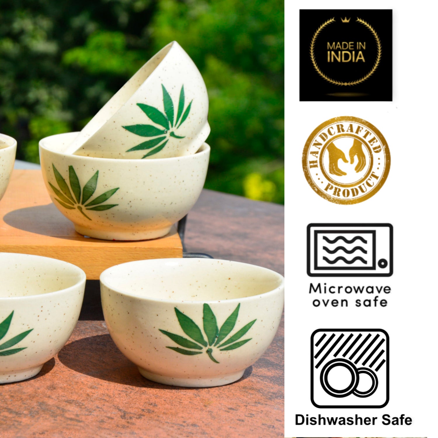 Hand Painted Ceramic Dinner Serving Bowls (Set of 6 , 150 ml each, Off White & Green) - View 4