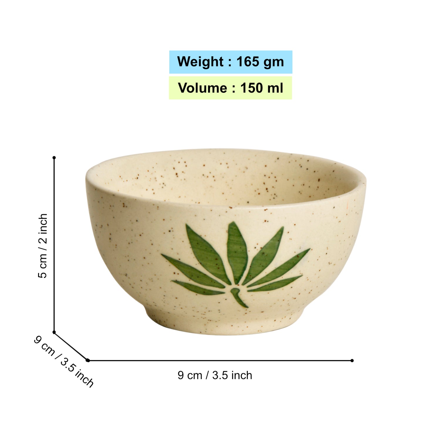 Hand Painted Ceramic Dinner Serving Bowls (Set of 6 , 150 ml each, Off White & Green) - View 2
