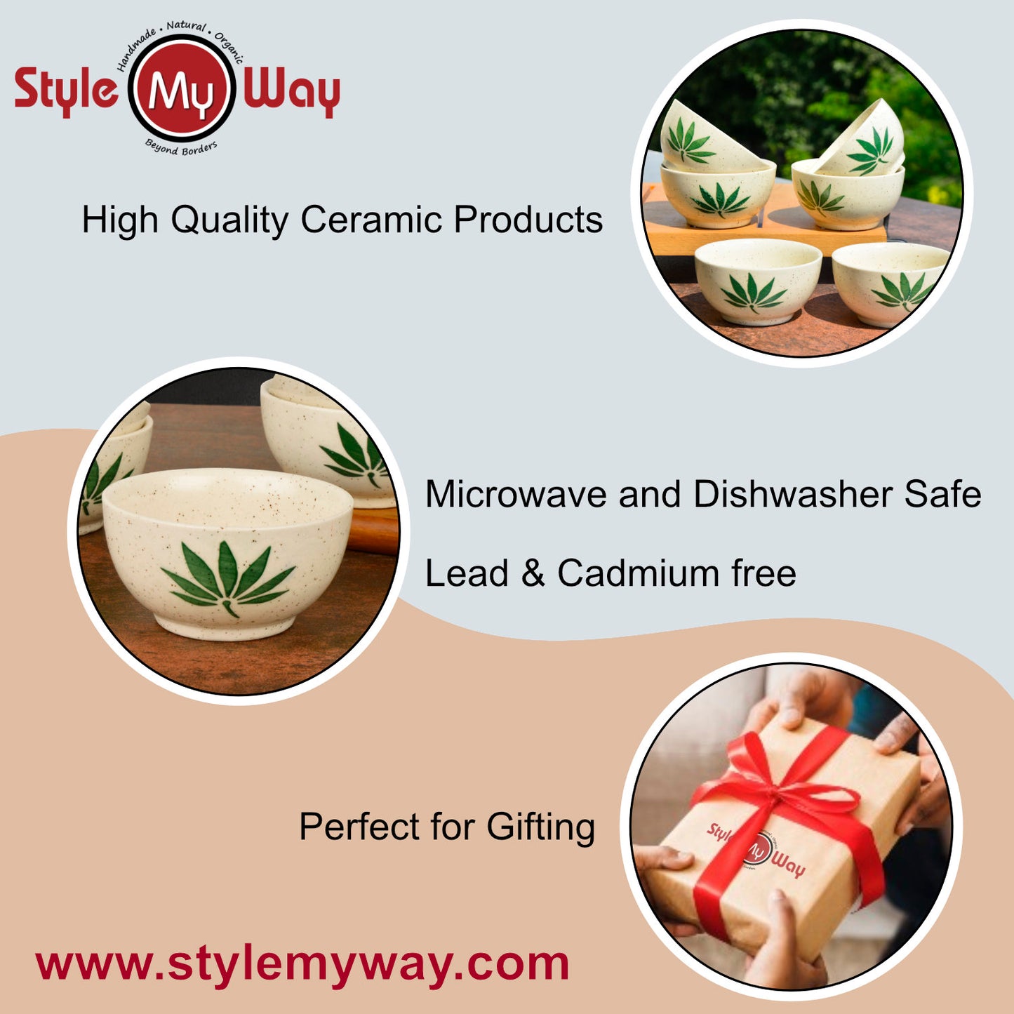 Hand Painted Ceramic Dinner Serving Bowls (Set of 6 , 150 ml each, Off White & Green) - View 5