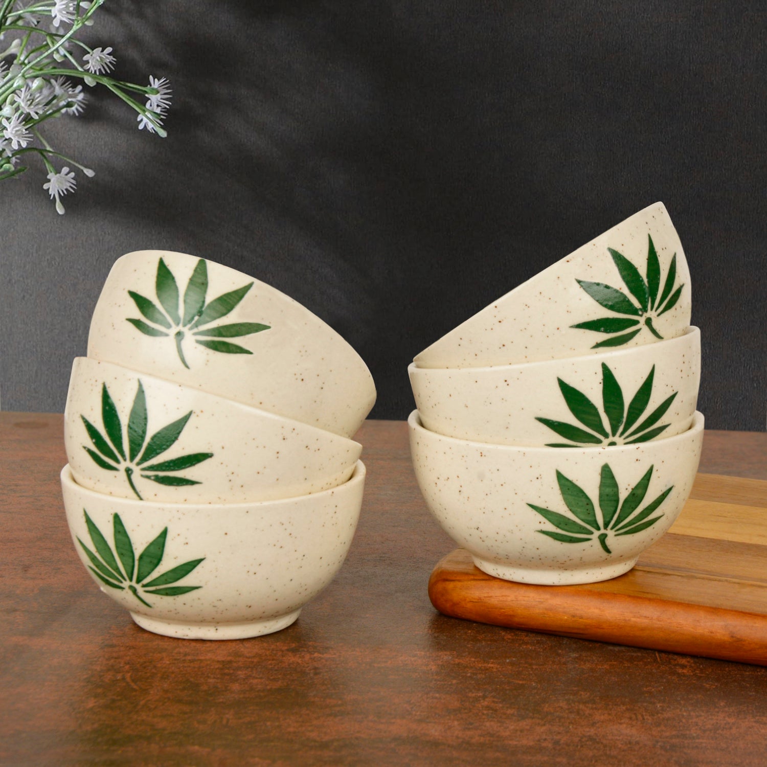 Hand Painted Ceramic Dinner Serving Bowls (Set of 6 , 150 ml each, Off White & Green) - View 6