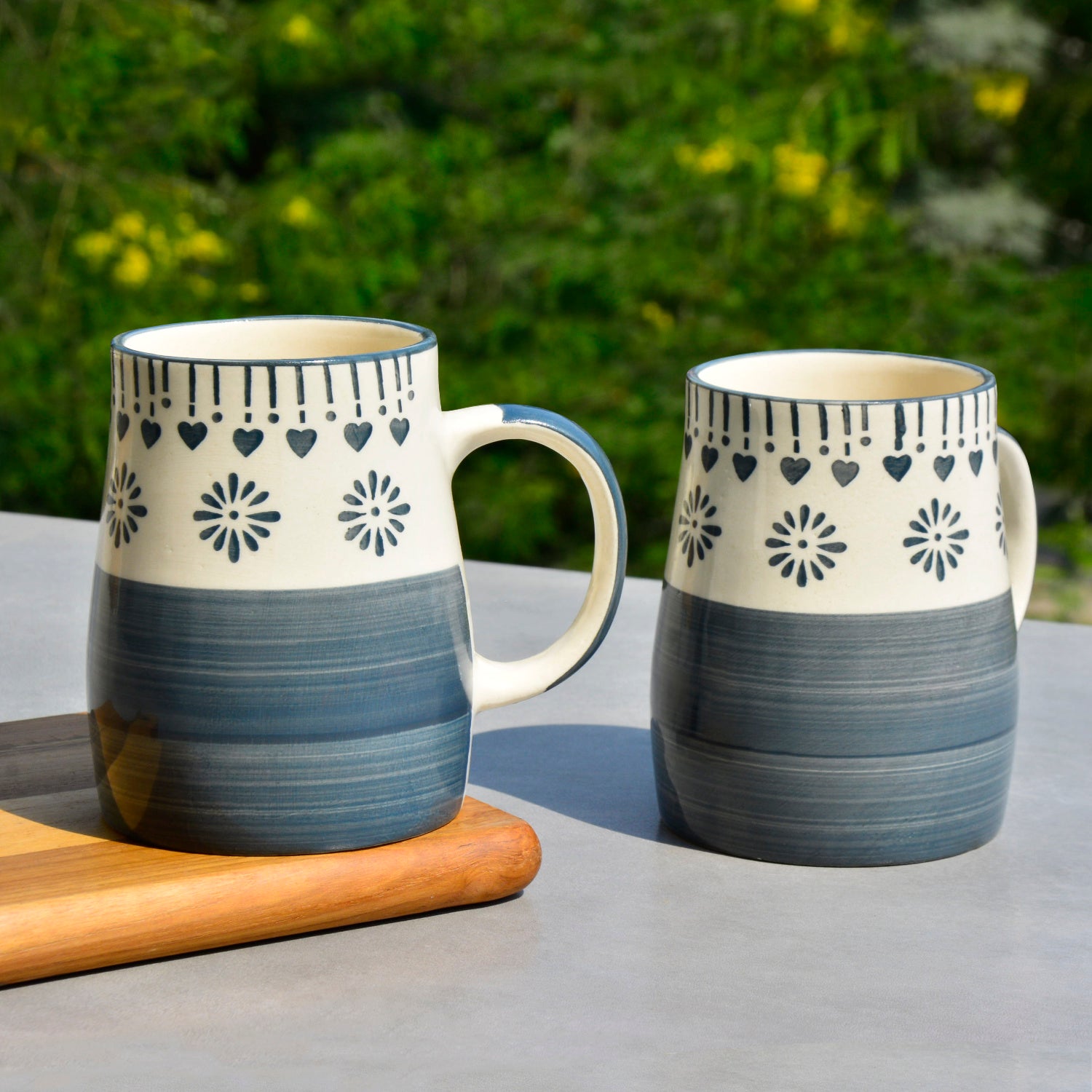 Hand Painted Ceramic Jumbo Coffee Mugs (450 ml, Grey & Off White, Set of 2)