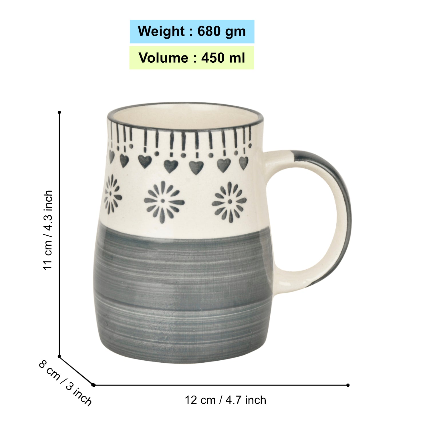 Hand Painted Ceramic Jumbo Coffee Mugs (450 ml, Grey & Off White, Set of 2) - View 2