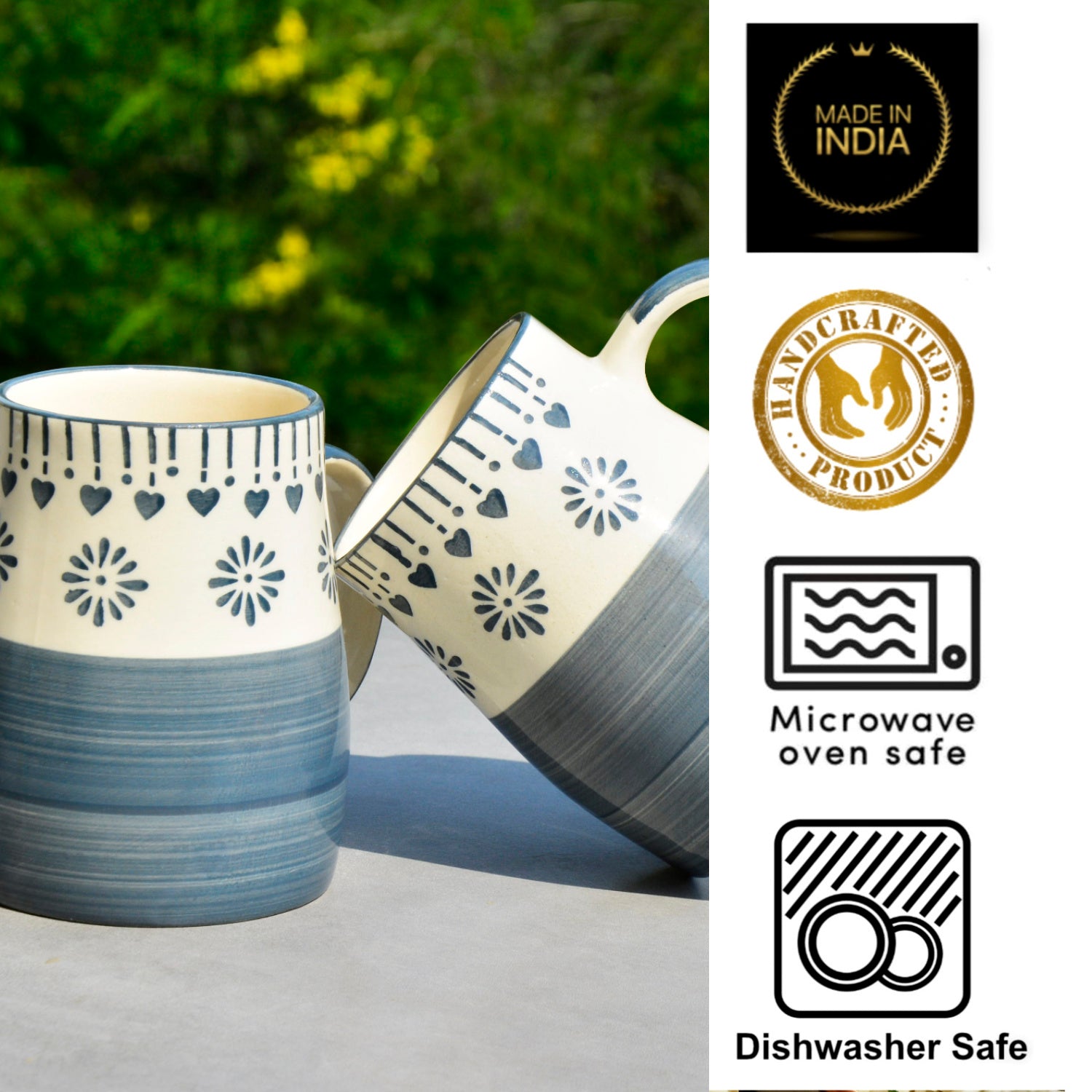 Hand Painted Ceramic Jumbo Coffee Mugs (450 ml, Grey & Off White, Set of 2) - View 5