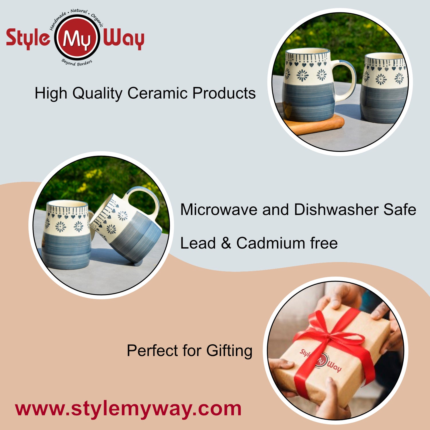 Hand Painted Ceramic Jumbo Coffee Mugs (450 ml, Grey & Off White, Set of 2) - View 6