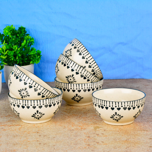 Hand-Painted Ceramic Dinner Serving Bowls (Set of 6, 150 ml each, Off White & Grey)