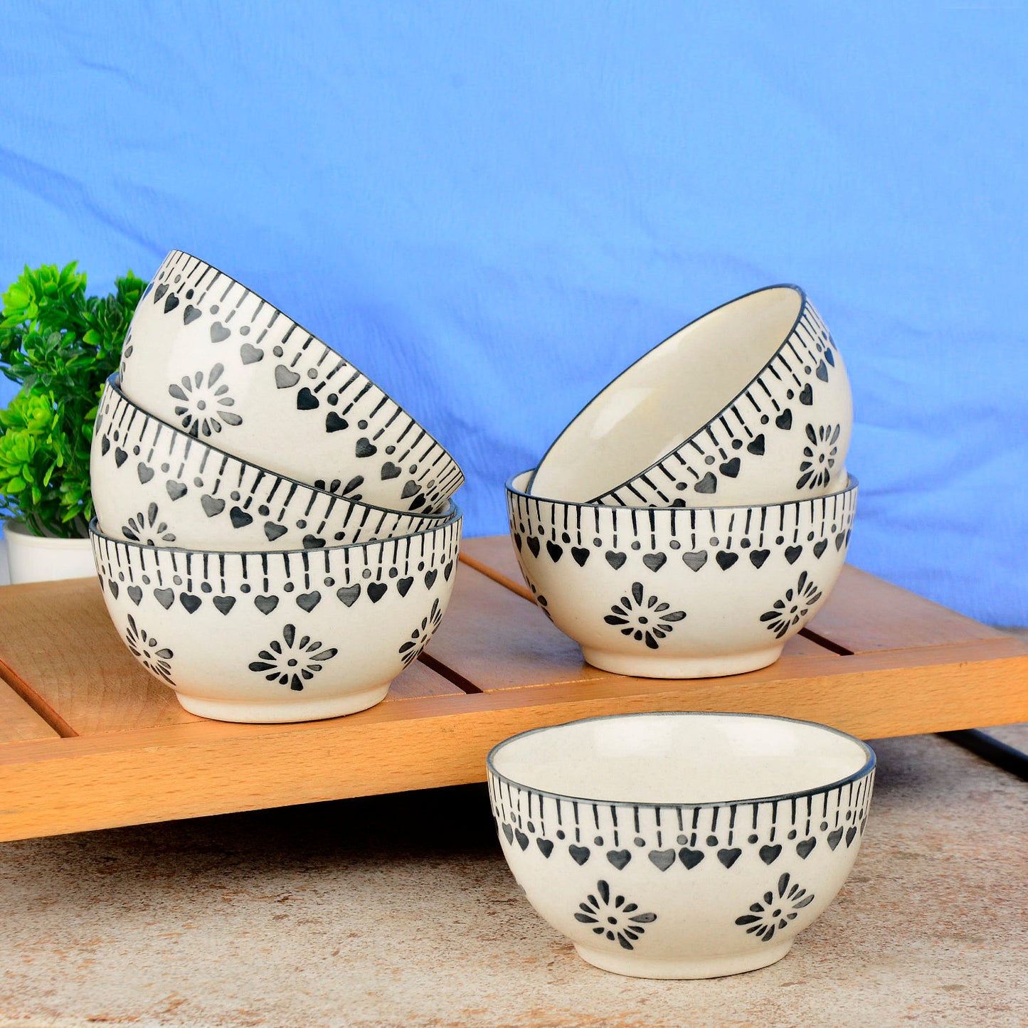 Hand-Painted Ceramic Dinner Serving Bowls (Set of 6, 150 ml each, Off White & Grey) - View 3