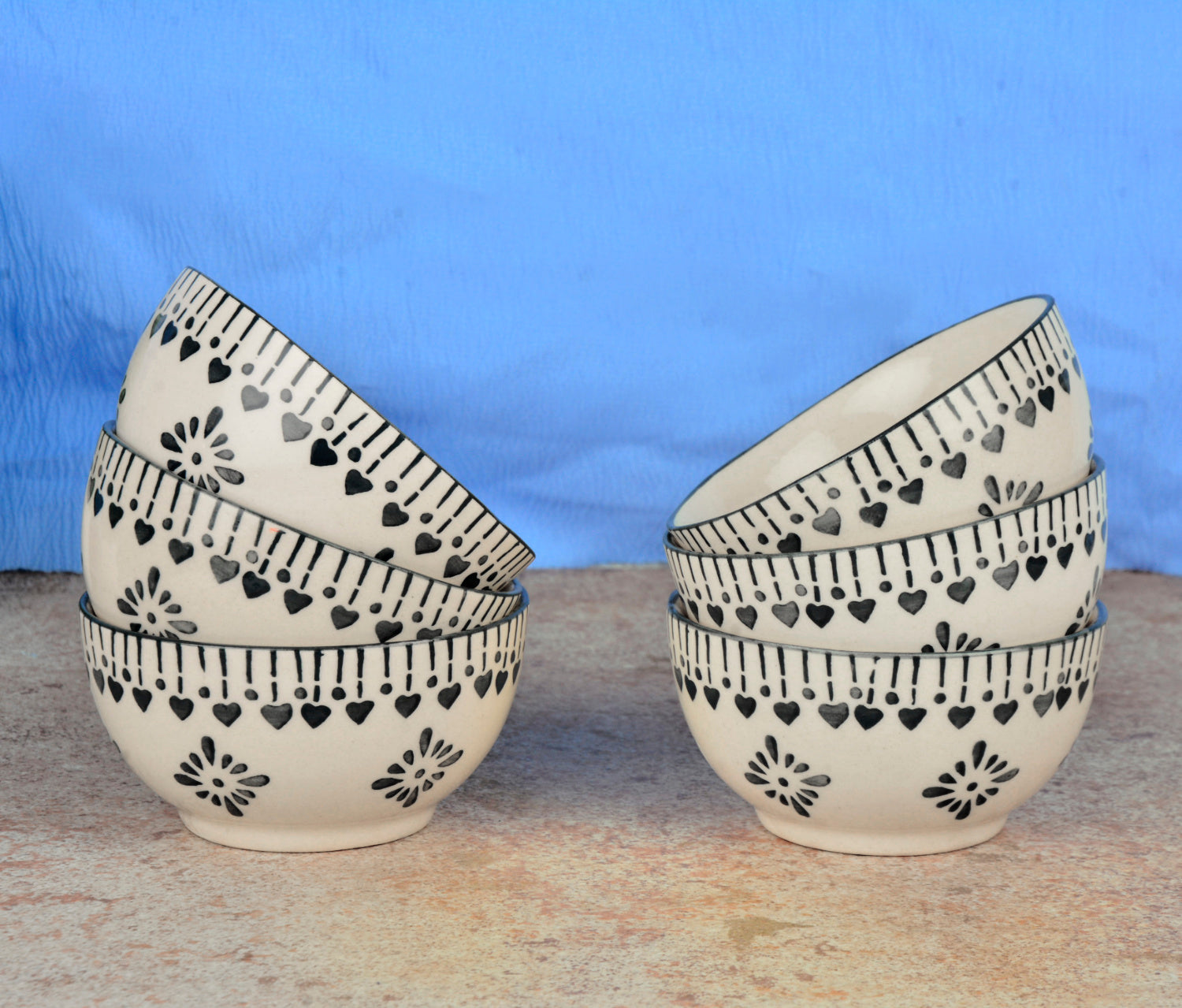 Hand-Painted Ceramic Dinner Serving Bowls (Set of 6, 150 ml each, Off White & Grey) - View 4