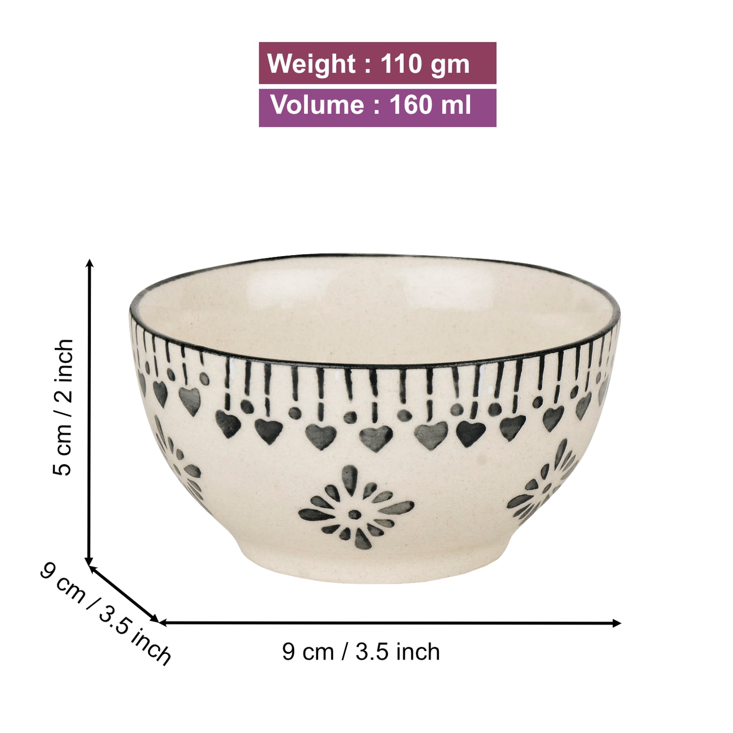 Hand-Painted Ceramic Dinner Serving Bowls (Set of 6, 150 ml each, Off White & Grey) - View 2