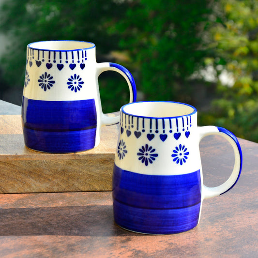 Hand Painted Ceramic Jumbo Coffee Mugs (450 ml, Blue & Off White, Set of 2)