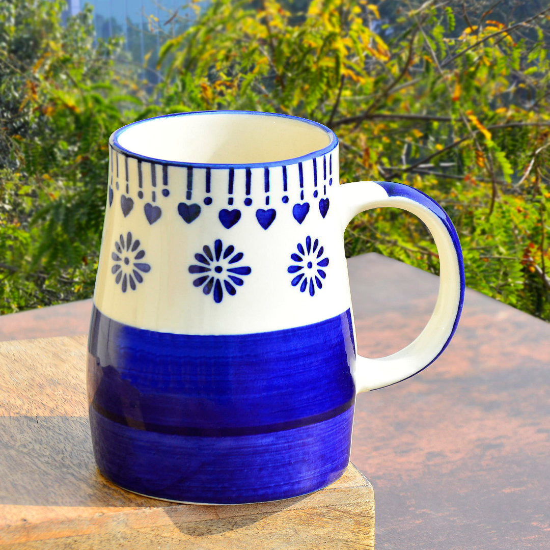 Hand Painted Ceramic Jumbo Coffee Mugs (450 ml, Blue & Off White, Set of 2) - View 4